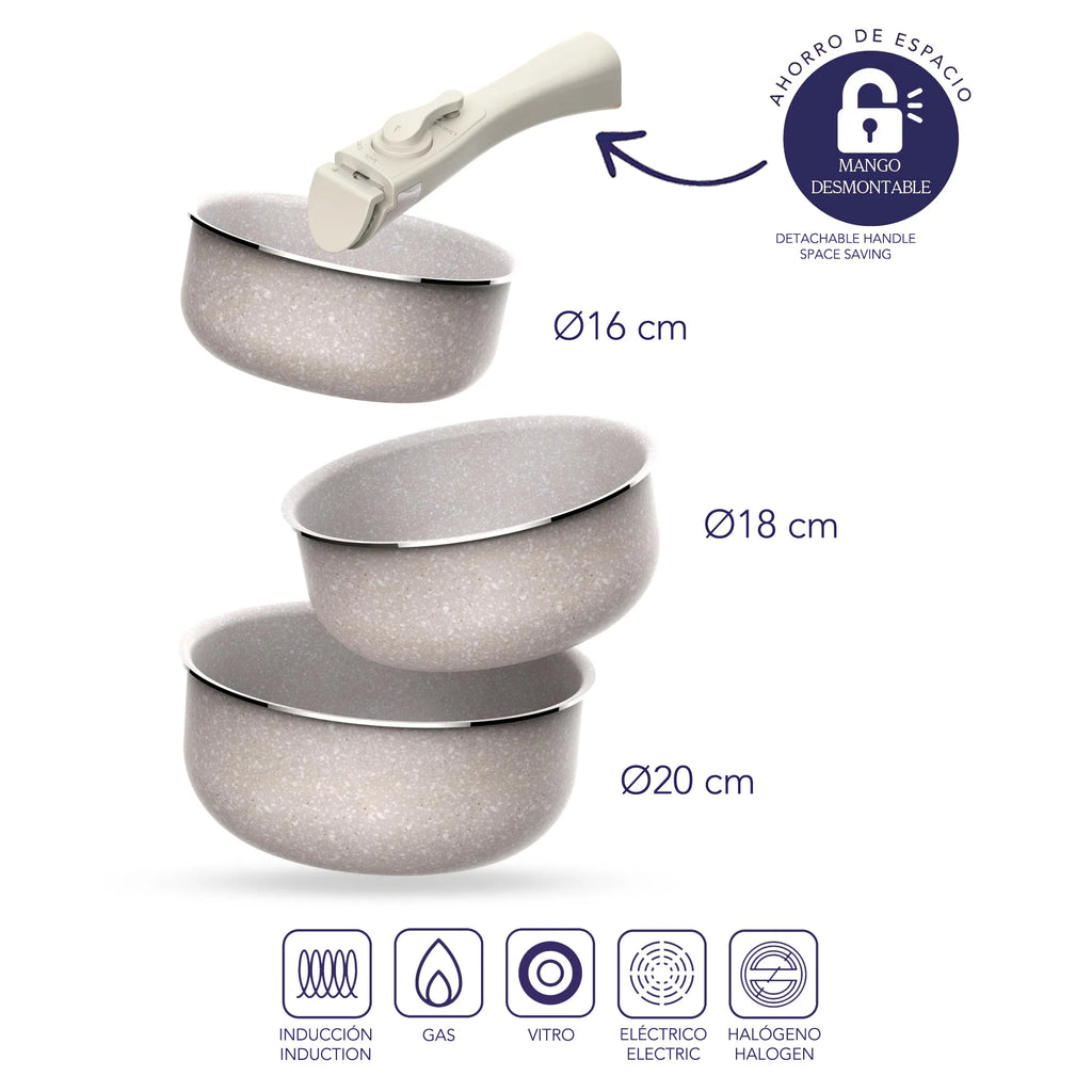 MasterSpace™ - Set de Cocina 8 Piezas con Mango Extraíble e Inteligente